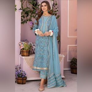 Elegant Blue Embroidered Outfit with Dupatta